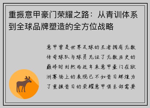 重振意甲豪门荣耀之路：从青训体系到全球品牌塑造的全方位战略
