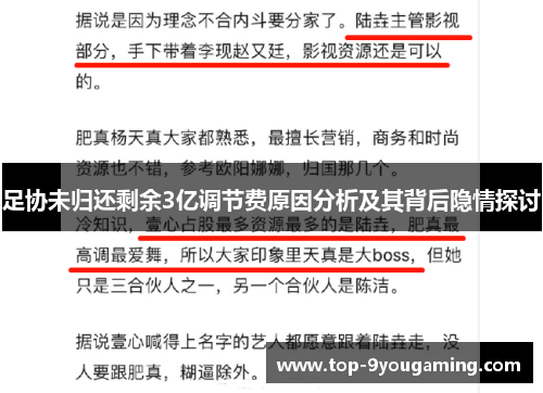 足协未归还剩余3亿调节费原因分析及其背后隐情探讨